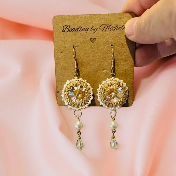Hand Crafted Gold and White Swarovski Crystal Drop Earrings - Picture 3 of 3